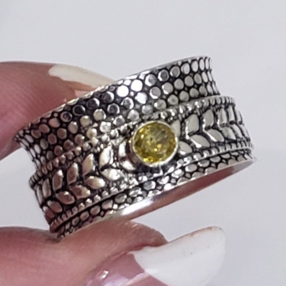 Citrine Gemstone 925 Detailed Wide Band Spinner Ring